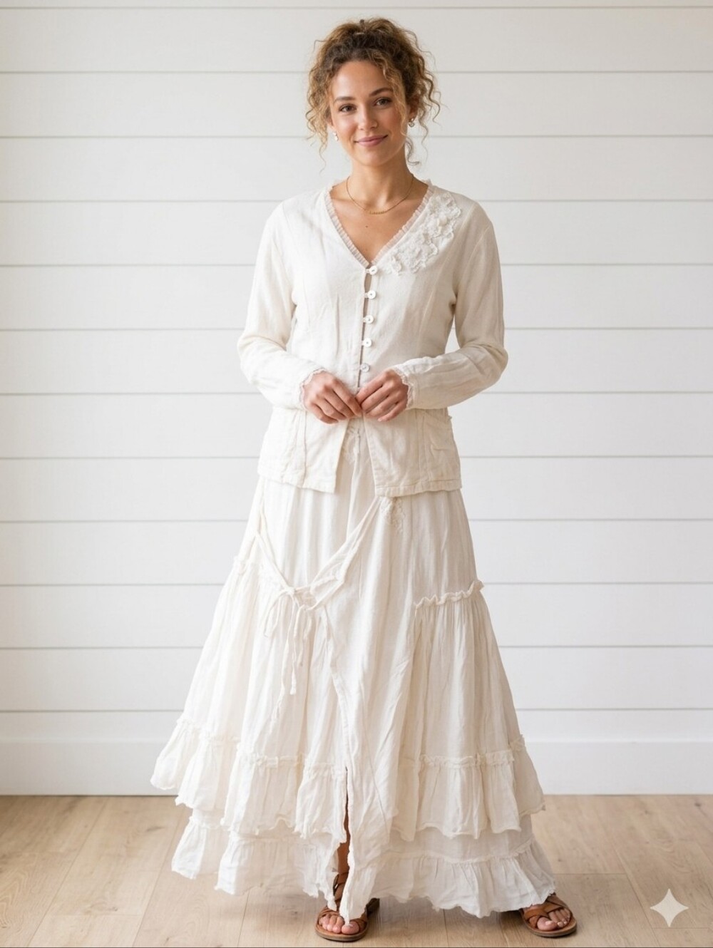 [BONUS] Metissa Cream Lace 2pc Set - Lagenlook Boho Tiered Maxi Skirt S/4